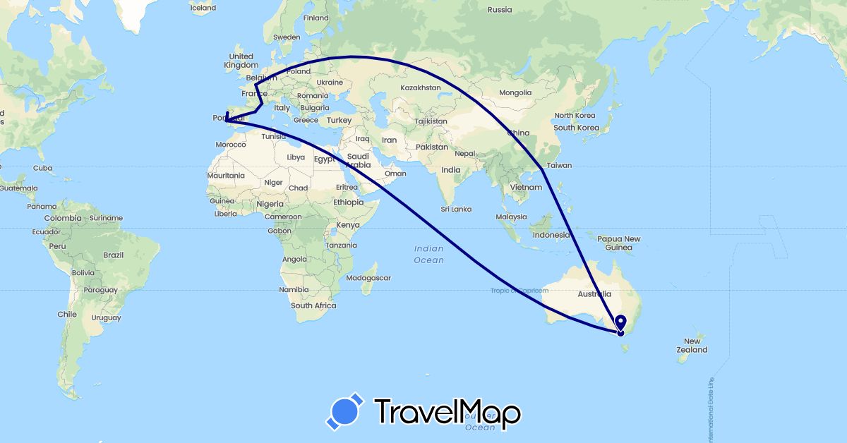TravelMap itinerary: driving in Australia, China, Spain, France, Portugal (Asia, Europe, Oceania)